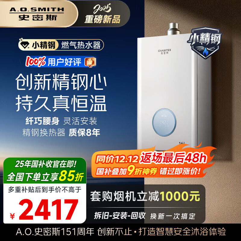 史密斯（A.O.SMITH）佳尼特【小精钢TCA1】16升精钢燃气热水器 国家补贴 JSQ31-TCA1 持久恒温大水量 新品