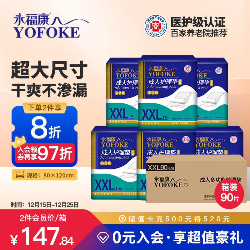 永福康成人护理垫XXL90片 尺寸80*120cm婴儿孕产妇床垫老人一次性隔尿垫