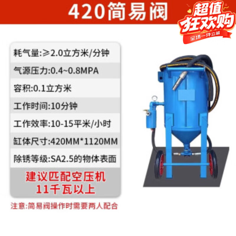新勇士移动开放式高压喷砂机小型手动喷砂机汽车翻新除锈轮船去氧化皮 420简易阀+喷砂服