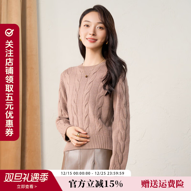 春竹100%绵羊毛加厚绞花老钱风圆领长袖保暖针织衫羊毛衫女士毛衣 棕茶色 XL （105CM）