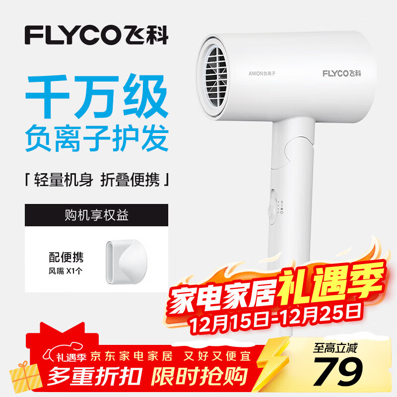 飞科（FLYCO）负离子电吹风机家用便携出游速干冷热风大功率吹风筒FH6276
