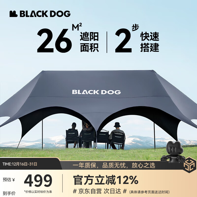 black dog黑狗钛黑胶天幕无风绳户外露营帐篷遮阳棚防晒防雨凉棚 中号26㎡