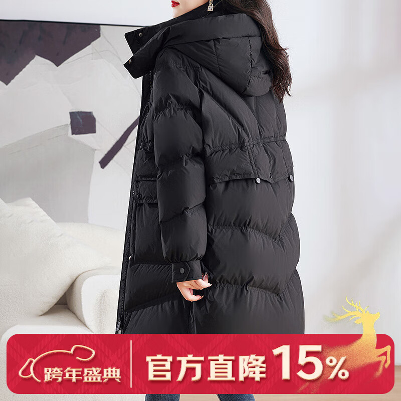 鸭鸭明星同款反季羽绒服女中长款冬季2025新款小个子时尚连帽保暖外套 黑色 M