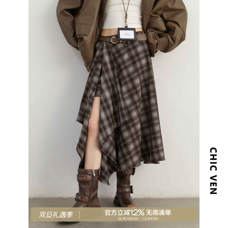 CHIC VEN 2025冬季新款设计感高腰不规则撞色格纹磨毛半身裙长裙女chicven 深咖色  M