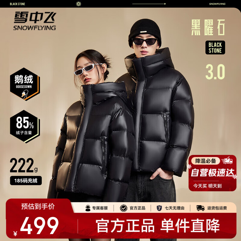 雪中飞新款黑曜石经典3.0男女情侣鹅绒羽绒服保暖加厚防寒宽松廓形时尚