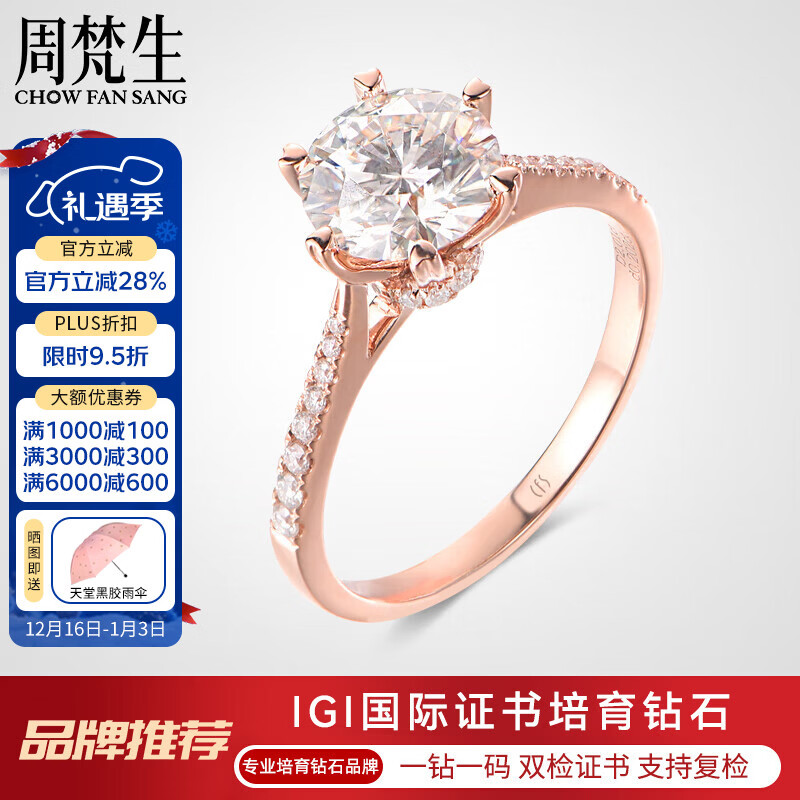周梵生18K玫瑰金人工培育钻石戒指女一1克拉六爪人造合成钻戒送老婆女戒 主钻3克拉 D/VS/3EX/N