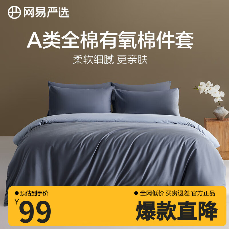 网易严选A类柔有氧全棉四件套卧室宿舍学生新疆棉新工艺柔软亲肤 【升级加厚】烟灰蓝 床单款 【】1.8m