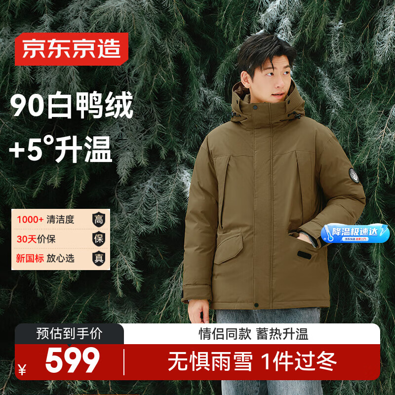 京东京造【90白鸭绒】羽绒服男派克25冬季新款三防夹克外套女 卡其 2XL