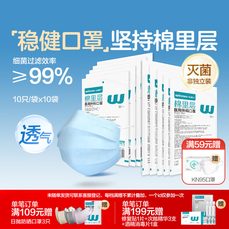 稳健医用外科口罩灭菌级 棉里层亲肤透气防花粉过敏性鼻炎保暖100只