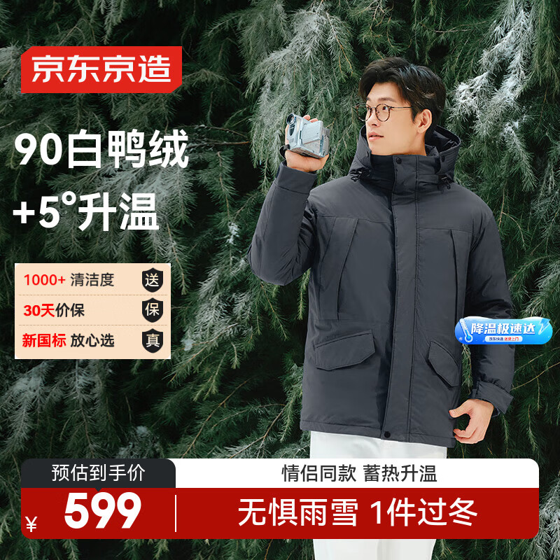 京东京造【90白鸭绒】羽绒服男派克25冬季新款三防夹克外套女 灰色 2XL