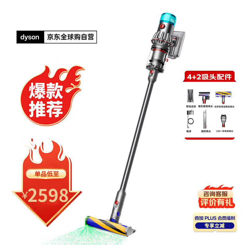戴森（DYSON）V12 Detect Slim Fluffy家用清洁手持无线除螨吸尘器 光学显尘 原装进口 超强大吸力 智能 可车载