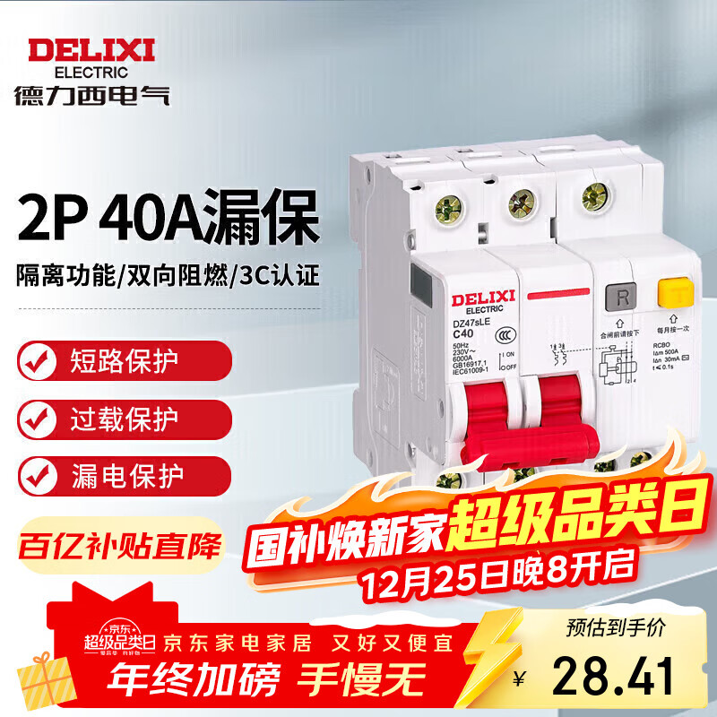 德力西电气空开断路器空气开关漏电保护器DZ47sLE 2P 40A