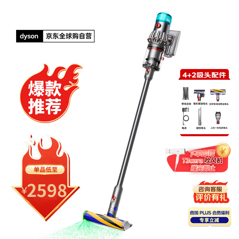 戴森（DYSON）V12 Detect Slim Fluffy家用清洁手持无线除螨吸尘器 光学显尘 原装进口 超强大吸力 智能 可车载