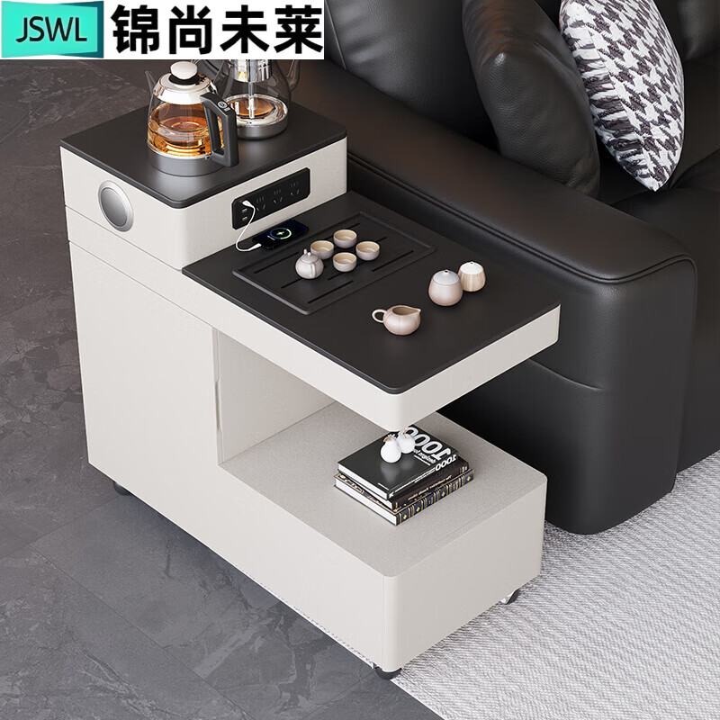 锦尚未莱意式轻奢可移动茶车烧水壶一体茶水柜家用高级沙发侧边几泡茶台桌 白色煮茶款左边门岩板面|烧水煮茶壶+废水桶+排插+音响 长90*宽40*高81CM【整装送货上门】