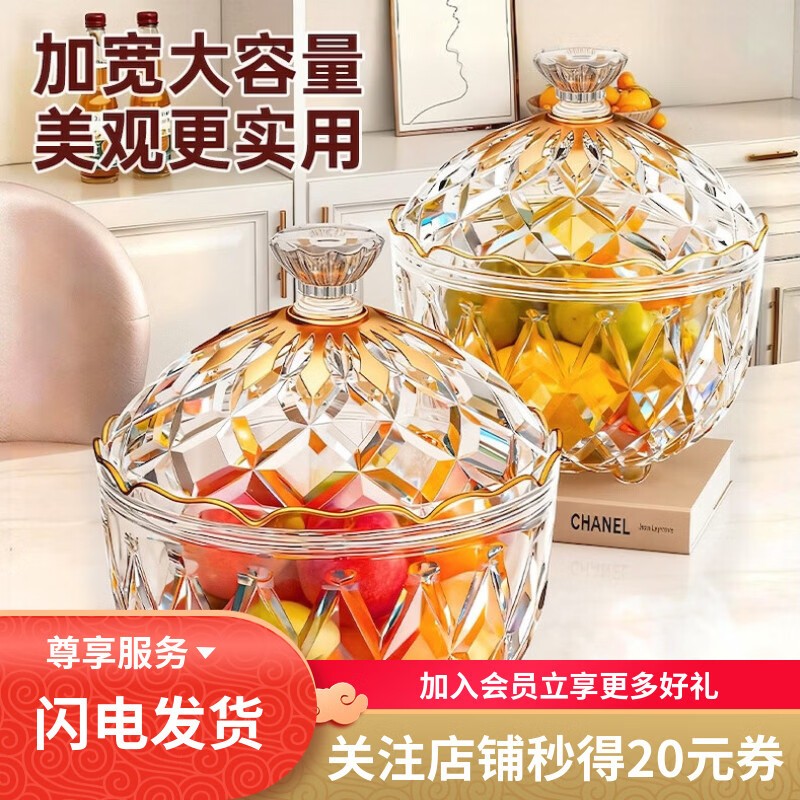 轻奢果盘放水果糖果盒家用客厅高级感水果盘零食收纳高颜值收纳盒 轻奢水果盘-透明色小号 1层 1个