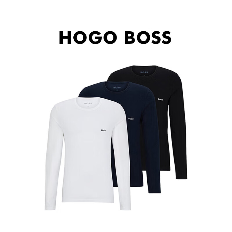 BOSS雨果博斯冬季新款潮流保暖休闲男士长袖t恤打底衫3件套装白蓝黑 M