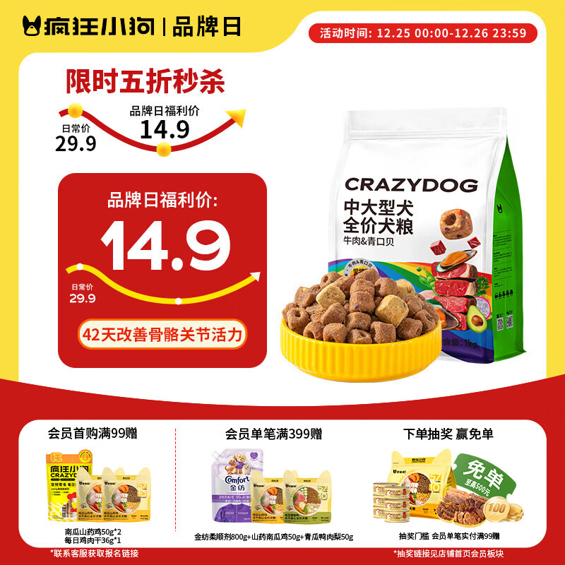 疯狂小狗中大型犬狗粮成幼犬1kg宠物金毛彩虹魔方牛肉&amp;青口贝犬粮