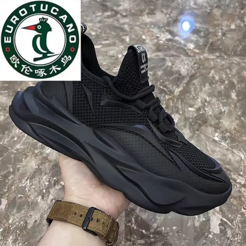 欧伦啄木鸟男鞋2025秋冬季新款透气休闲跑步鞋厚底网面增高运动老爹鞋子男款 黑色 42