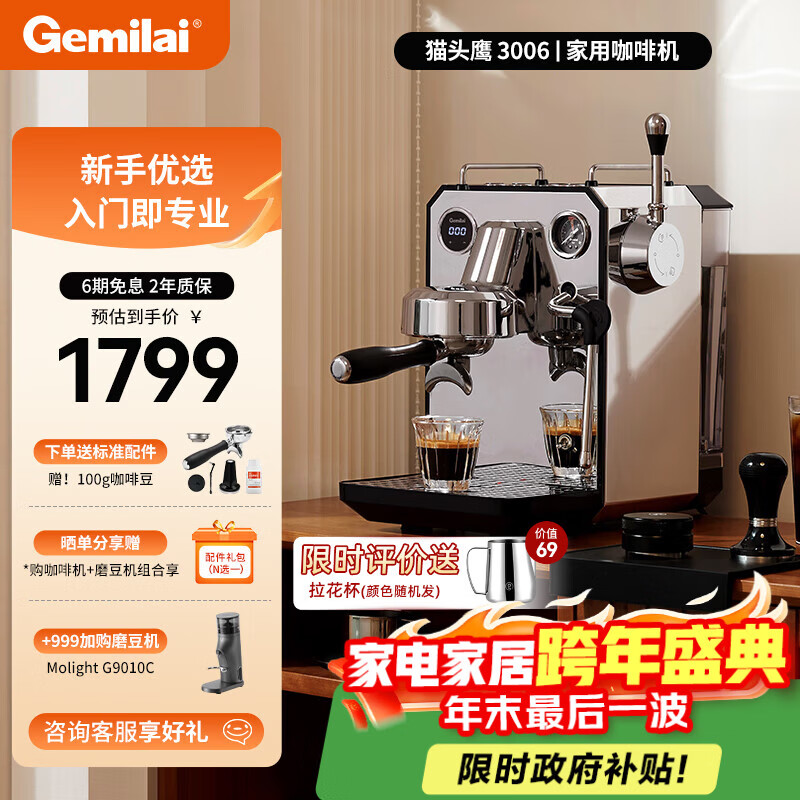 格米莱（GEMILAI）【新年礼物】猫头鹰3006A家用意式半自动冷萃咖啡机 蒸汽打奶泡 【入门热萃】3006水镜银