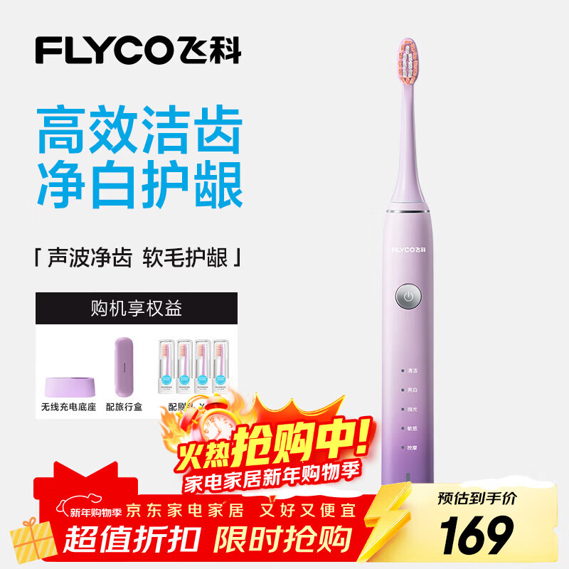 飞科（FLYCO）电动牙刷女士专用成人情侣送男女朋友新年生日礼物智能声波软毛牙刷FT7105浪漫粉国家补贴