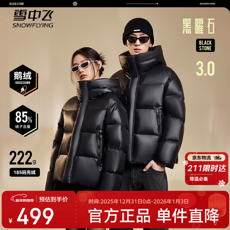 雪中飞新款黑曜石经典3.0男女情侣鹅绒羽绒服保暖加厚防寒宽松廓形时尚