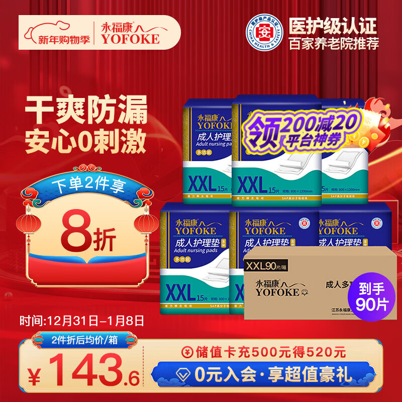 永福康成人护理垫XXL90片 尺寸80*120cm婴儿孕产妇床垫老人一次性隔尿垫