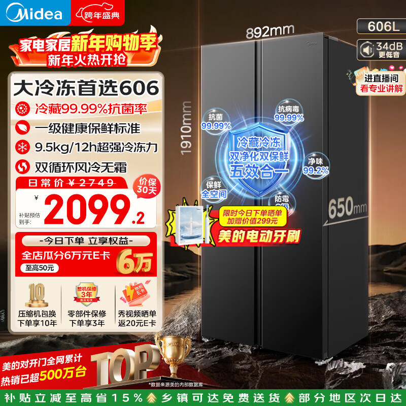 美的（Midea）606升对开门冰箱一级能效风冷无霜净味双变频超大容量大冷冻BCD-606WKPM(E)国家补贴