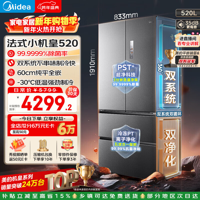 美的（Midea）M60小机皇520升法式多门冰箱零嵌双系统除菌大容量一级能效BCD-520WUFPZM(E)国家补贴
