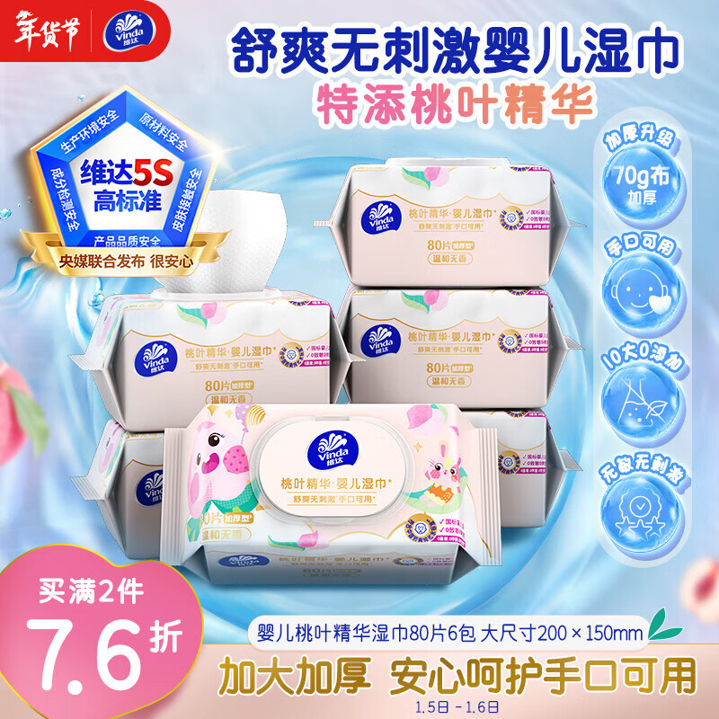 维达（Vinda）婴儿手口湿巾80片*6包 桃叶精华加厚加大手口专用亲肤湿纸巾大包