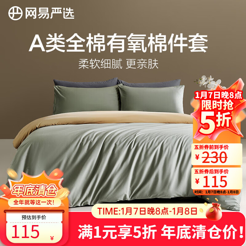 网易严选A类超柔有氧全棉四件套枕套床单枕套简约纯色四件套床上用品 【升级加厚】香果绿 床单款 【被套】1.8m床：2.2*2.4m被芯
