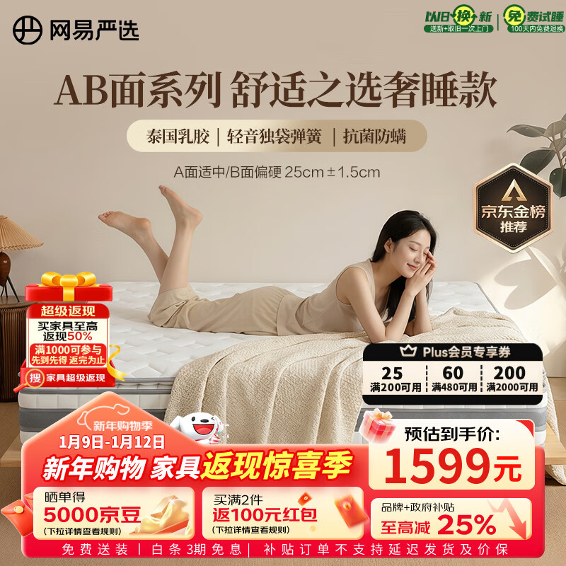 网易严选AB面奢睡款 天然乳胶独袋弹簧  席梦思弹簧床垫1.5*2米 软硬适中