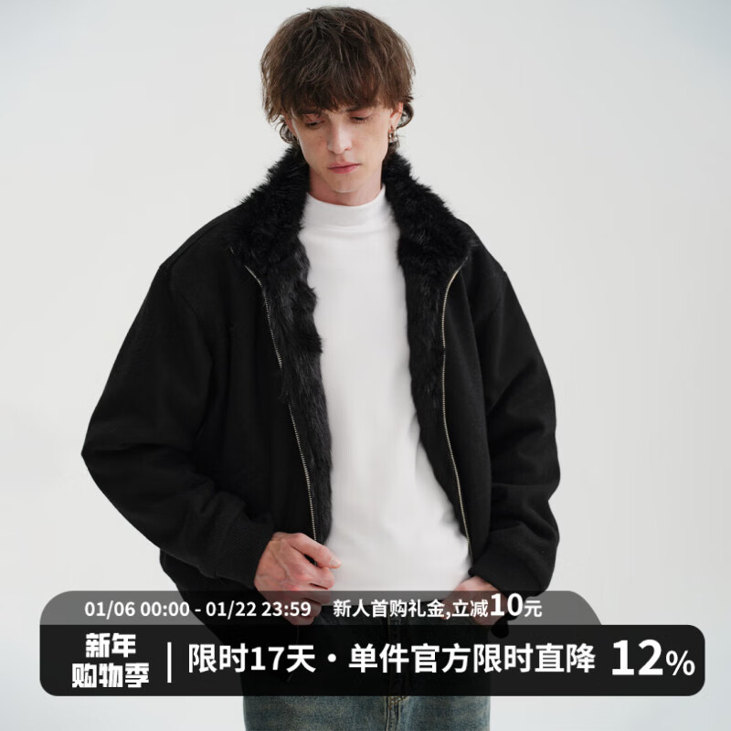 MIDASHAND2025新款座山雕棉服50羊毛仿狐狸毛双面穿内里拼毛立领夹克外套 黑色 2XL (身高185cm以上)