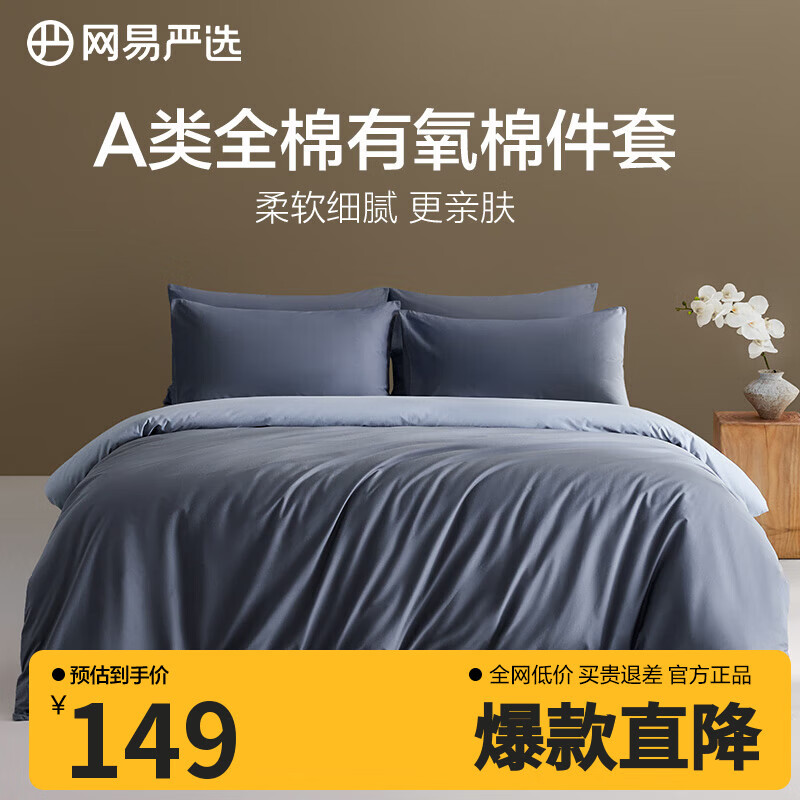 网易严选A类柔有氧全棉四件套卧室宿舍学生新疆棉新工艺柔软亲肤 【升级加厚】烟灰蓝 床单款 【被套】1.5m床：2*2.3m被芯