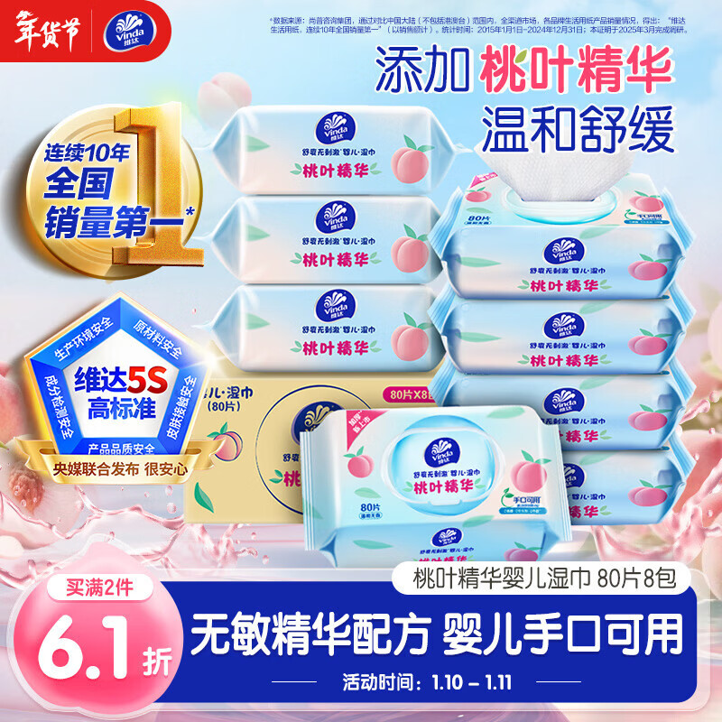 维达（Vinda）婴儿湿巾80片*8包 桃叶精华婴儿手口专用 家庭囤货湿巾大包湿纸巾