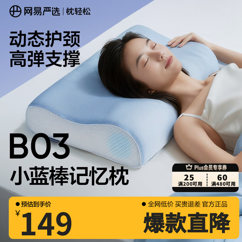 网易严选【刘墉推荐】B03小蓝棒记忆棉枕慢回弹深睡枕助睡眠护颈椎枕 【B03小蓝棒】玻尿酸枕套-低枕 单只装