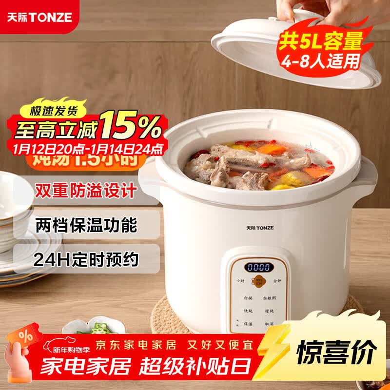 天际(TONZE)电炖锅 5L大容量煮粥锅 煲汤锅炖汤锅 婴儿电炖盅 熬粥养生锅 快速焖炖 直炖白瓷胆 DGD50K22GC