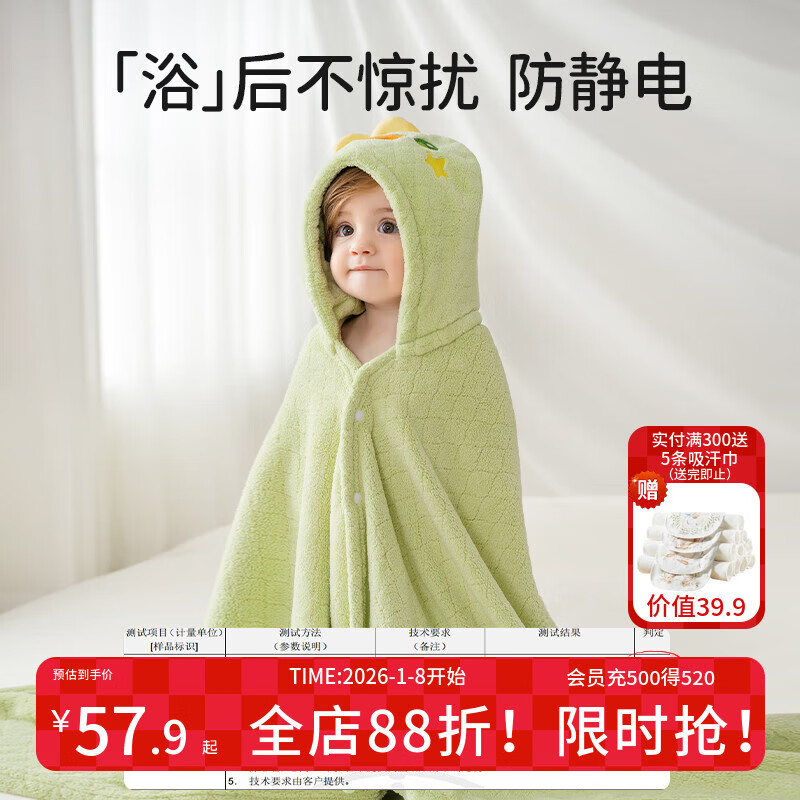 欧孕（OUYUN）婴儿浴巾珊瑚绒速干儿童斗篷浴袍带帽宝宝洗澡浴衣 兔子145*85