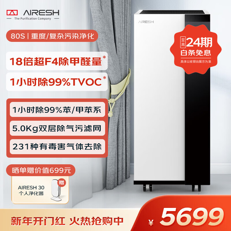 艾森仕（AirESH）80S重度污染空气净化器进口滤料除甲醛TVOC苯甲苯烟味汽车尾气雾霾KTV雪茄装修宠物家用办公商用 80S加强气污净化器