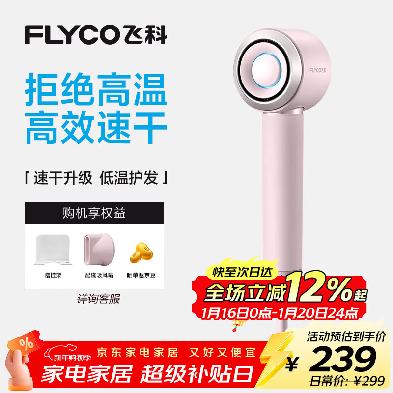 飞科（FLYCO）高速电吹风机生日礼物家用便携出行必备速干负离子大风力护发吹风筒FH6371钻石粉