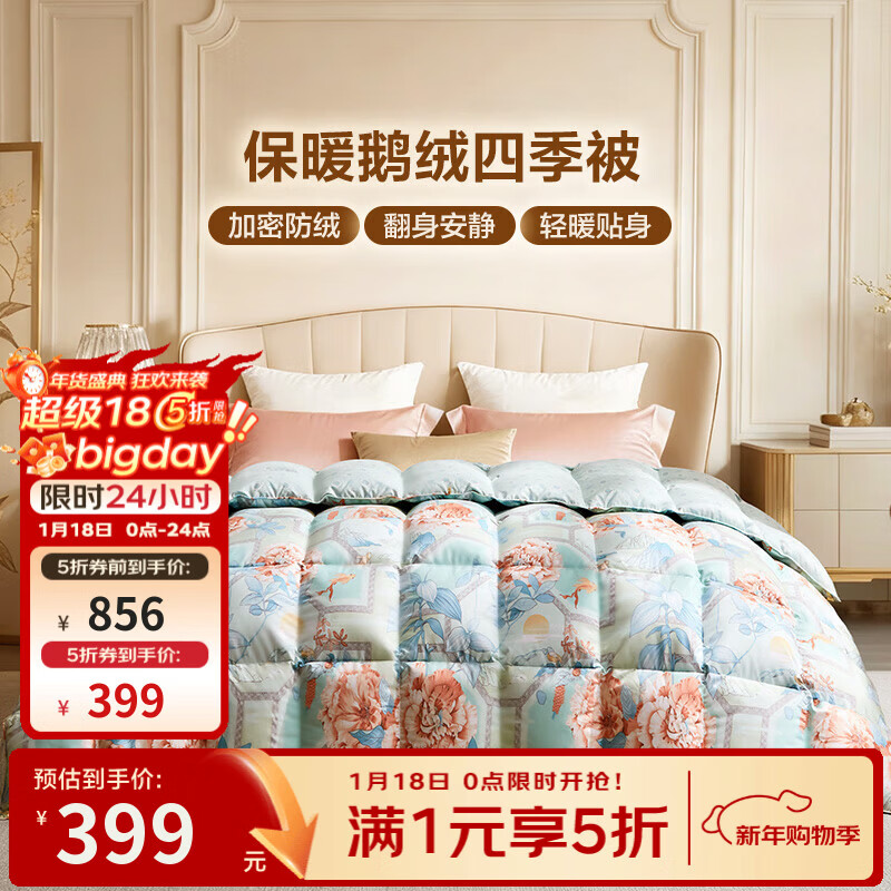 富安娜家纺 羽绒被芯50%白鹅绒被子冬天加厚冬被保暖被子 【四季被】50白鹅绒国风款-灵韵 152*210cm