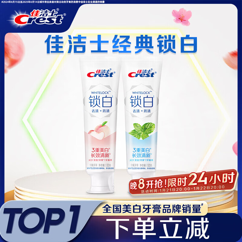 佳洁士锁白薄荷白桃牙膏去渍美白清新口气2支共240g京东自营
