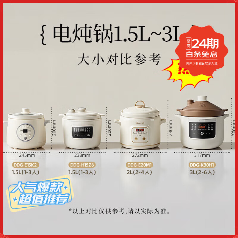 Bear小熊电炖锅微压炖锅1.5-2-3L家用小型煲汤锅陶瓷多功能全自动煮粥锅辅食锅隔水炖锅电砂锅煲汤锅煲 （~3L尺寸参考） 1.5L