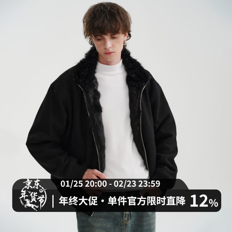 MIDASHAND2025新款座山雕棉服50羊毛仿狐狸毛双面穿内里拼毛立领夹克外套 黑色 2XL (身高185cm以上)