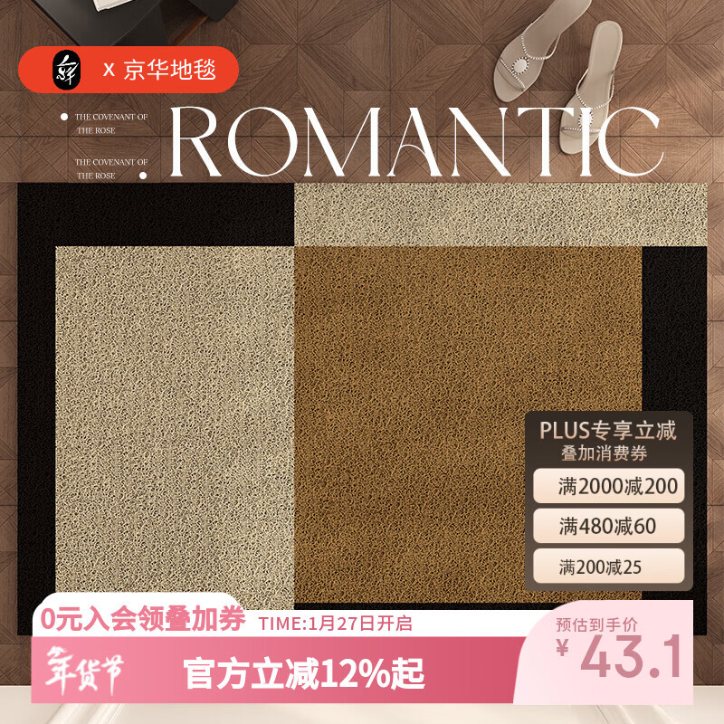 京华入户门地垫2025新款可擦洗防滑入门地毯进门门垫耐脏玄关丝圈脚垫 方幻格05人气最高 50cm*80cm 蹭土除尘