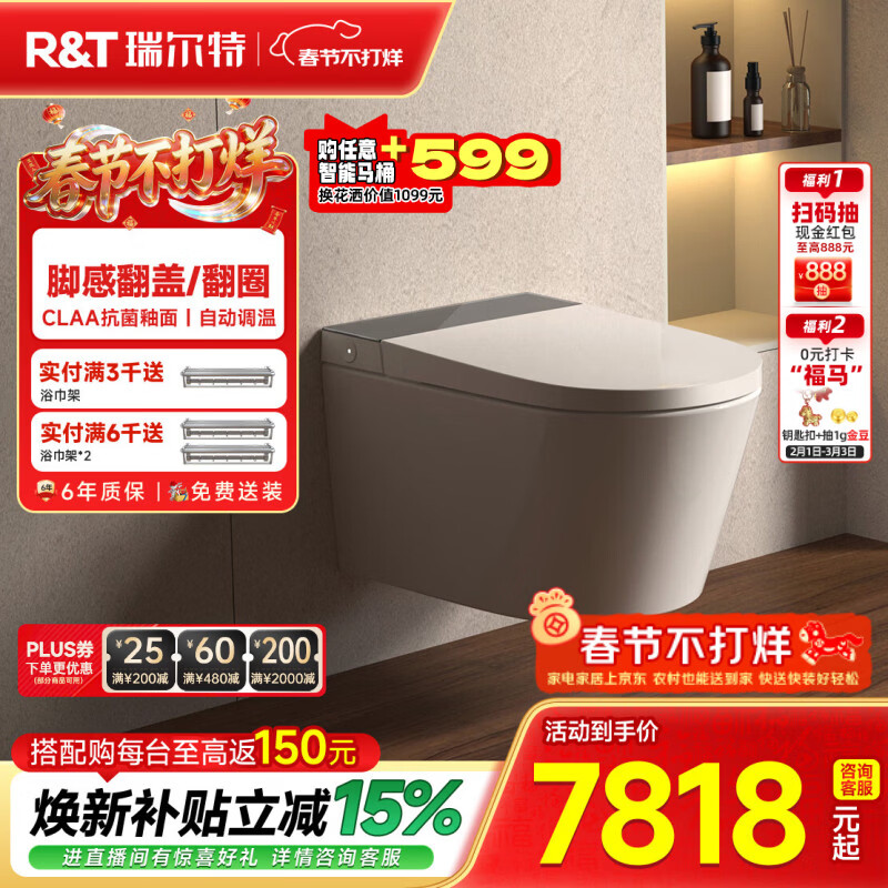 瑞尔特（R&T）壁挂智能马桶全自动翻盖等离子杀菌家用入墙式悬浮电动坐便器 HX5M-高板 305/300mm