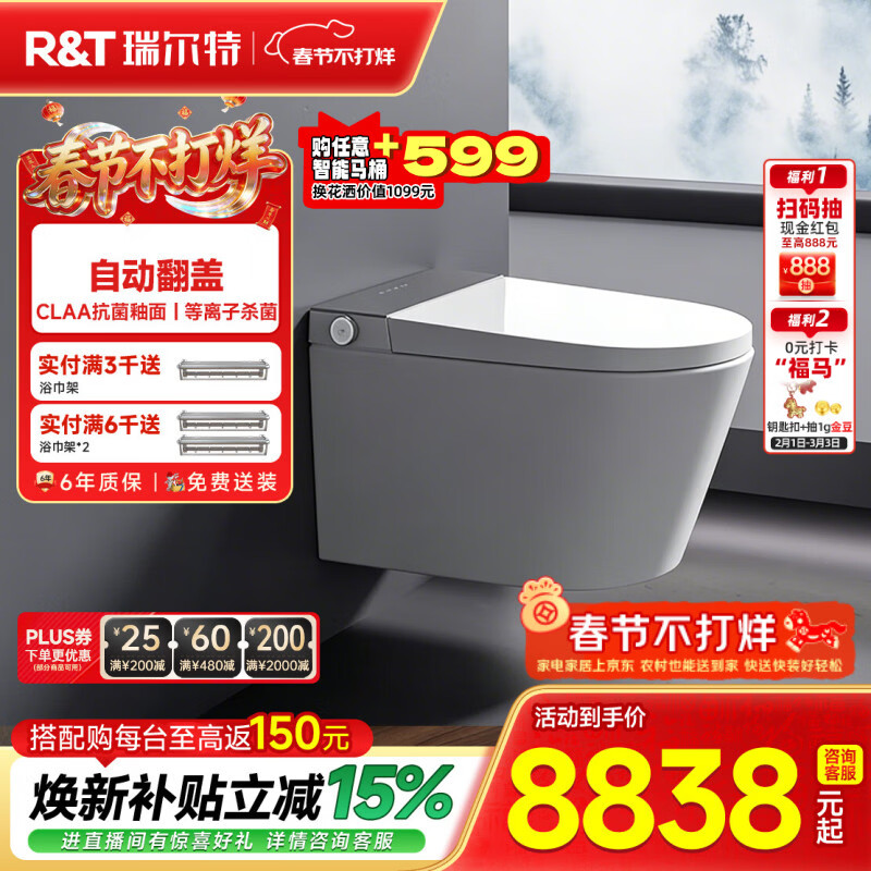 瑞尔特（R&T）壁挂智能马桶全自动翻盖等离子杀菌家用入墙式悬浮电动坐便器 HX5-高板 305/300mm