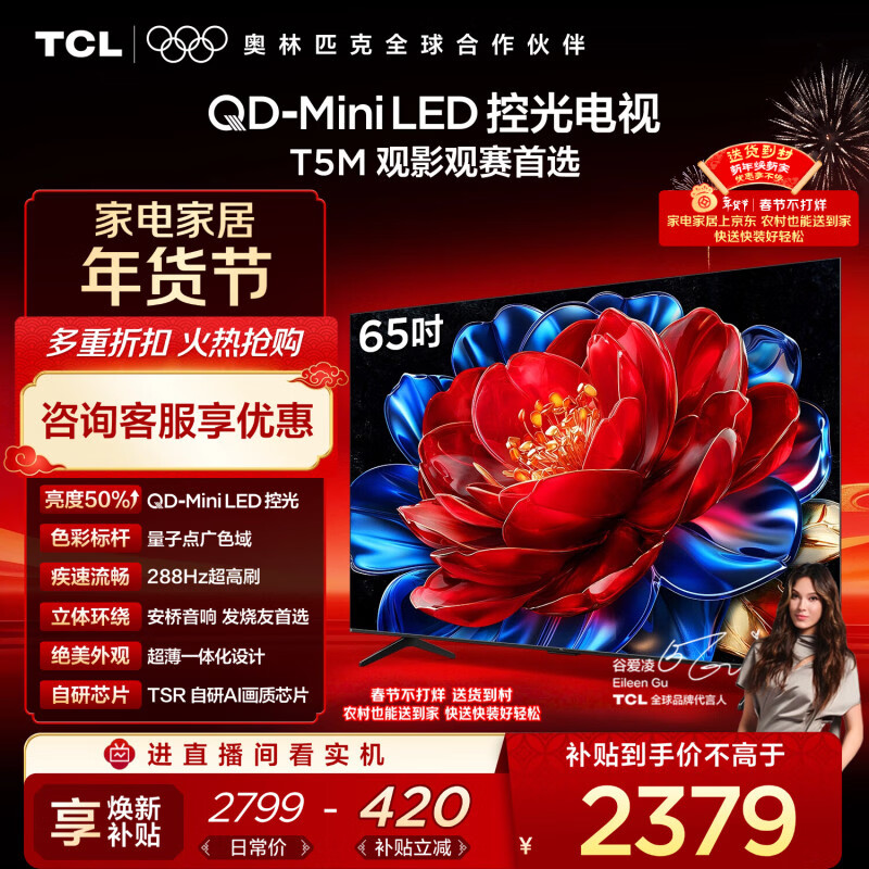 TCL电视 65T5M 65英寸 QD-Mini LED控光 288Hz高刷 QLED量子点 WiFi6 超薄 国家补贴 护眼