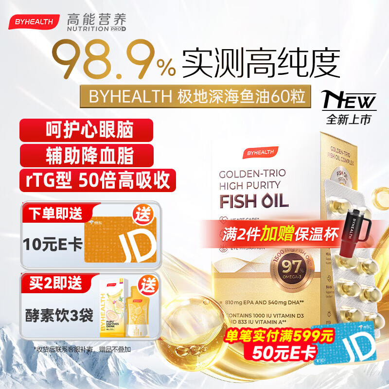 BYHEALTH深海鱼油omega3纯度95%以上进口高纯度EPA降血脂甘油三酯 98.9%高纯极地鱼油 60粒*1盒 【三高失眠脱发】