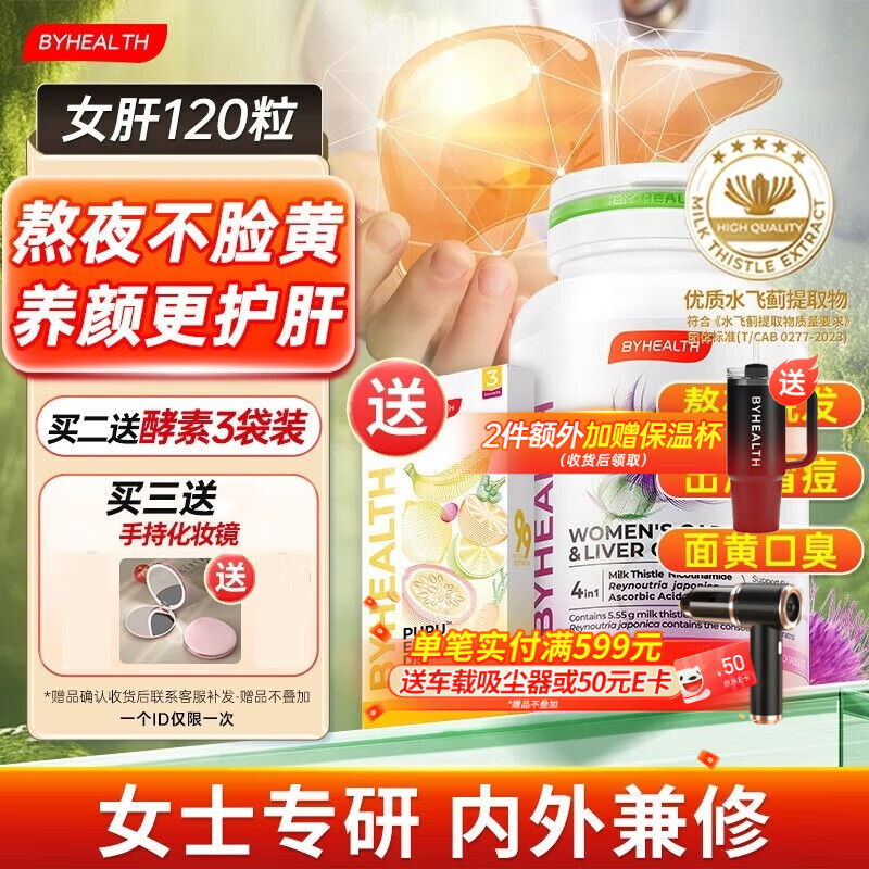 BYHEALTH白月光女士护肝片奶蓟草水飞蓟白藜芦醇烟酰胺维C【效期至26.6】 【挑战焕亮熬夜肌】120粒/瓶