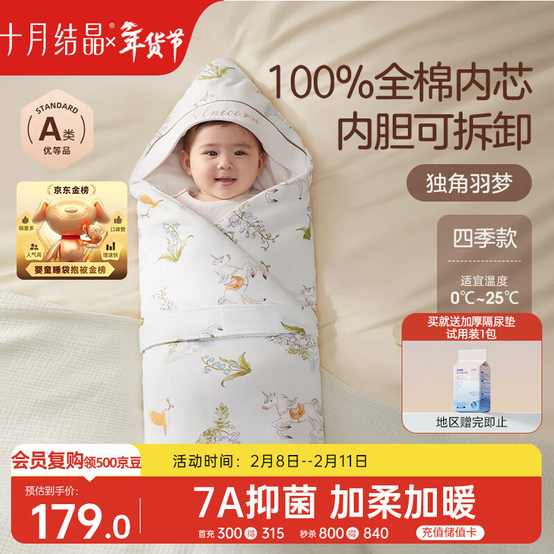 十月结晶婴儿抱被可拆纯棉内胆产房襁褓巾新生儿包被四季款 独角兽90*90cm